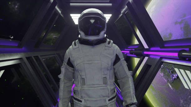 istock Technology and future concept. Astronaut walking in spaceship tunnel. Sci-fi shuttle corridor. Purple light. Moon 1502890283