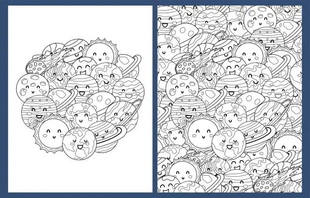 Vector illustration of Cute planets coloring pages set in US Letter format. Black and white doodle space background with planets characters