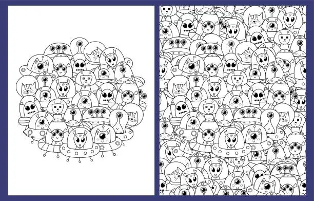 Vector illustration of Doodle aliens coloring pages set in US Letter format. Black and white funny background with ufo characters