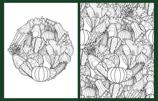 Vector illustration of Doodle vegetables coloring pages set in US Letter format. Black and white healthy food background