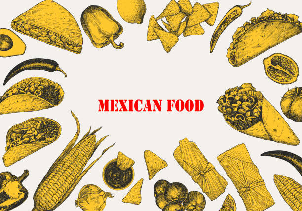 Mexican Food. Menu. Hand-drawn illustration of dishes and products. Ink. Vector tamales stock illustrations
