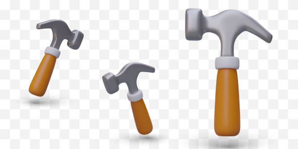 istock Set of 3D metal hammers with wooden handle. Traditional hand tool for repair, construction 1502890787