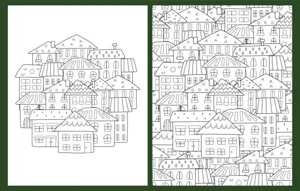 Vector illustration of Doodle houses coloring pages set in US Letter format. Black and white city background