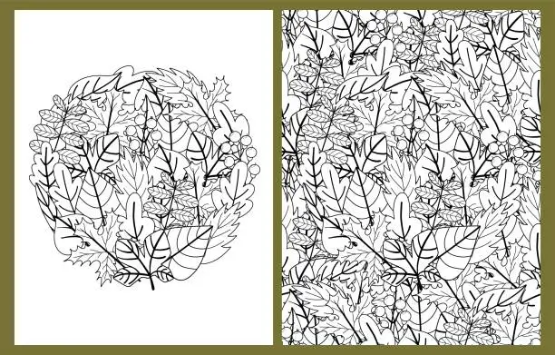 Vector illustration of Doodle leaves coloring pages set in US Letter format. Black and white nature background