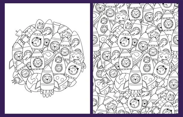 Vector illustration of Cute animals in rockets coloring pages set in US Letter format. Black and white space background