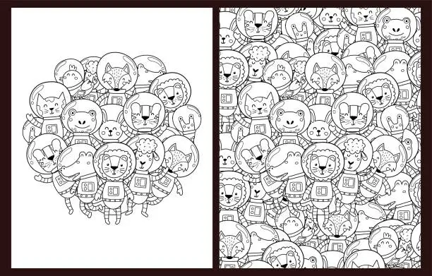 Vector illustration of Cute astronauts animals coloring pages set in US Letter format. Black and white space background