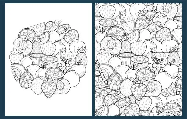 Vector illustration of Doodle fruits coloring pages set in US Letter format. Black and white healthy food background
