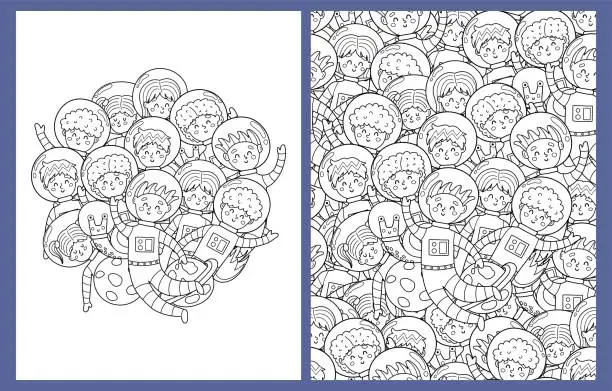 Vector illustration of Cute kids astronauts coloring pages set in US Letter format. Black and white space characters background