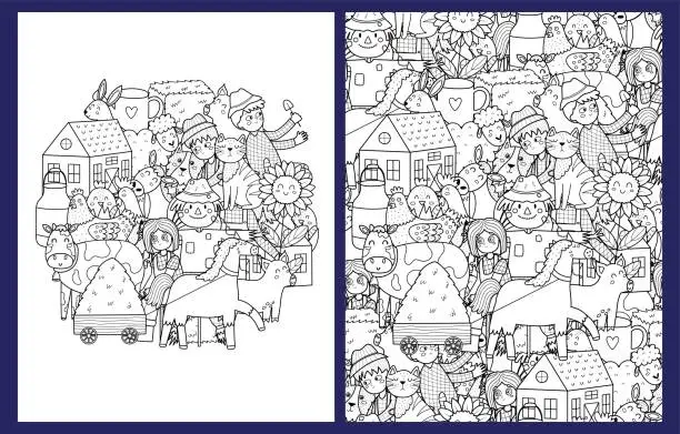 Vector illustration of Cute farm characters coloring pages set in US Letter format. Black and white background with animals and farmers