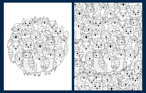 Vector illustration of Coloring pages set with cute owls. Doodle bird characters