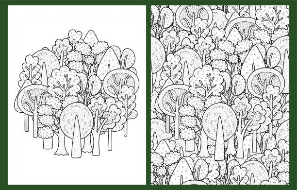 Vector illustration of Fantasy doodle forest coloring pages set in US Letter format. Black and white hand drawn trees