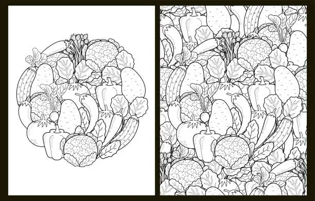 Vector illustration of Doodle vegetables coloring pages set in US Letter format. Black and white healthy food background