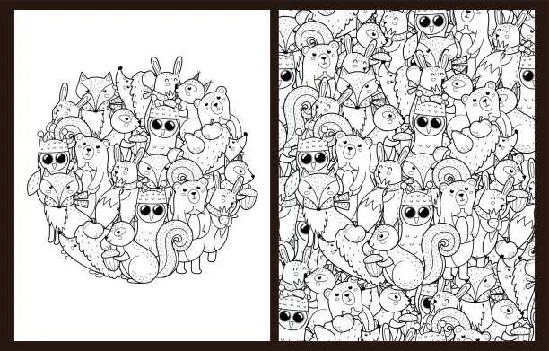 Vector illustration of Cute woodland animals coloring pages set in US Letter format. Black and white woodland characters