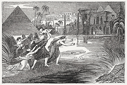 Tribulation of the Hebrews in Egypt - newborn boys are thrown into the water (Exodus 1, 22). Wood engraving, published in 1835.