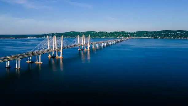 An aerial view of the Governor Mario M. Cuomo Bridge standing over the Hudson River