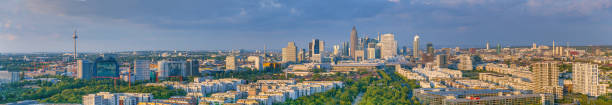 istock Wide angle drone panorama over the German city Frankfurt am Main during sunset 1502903774