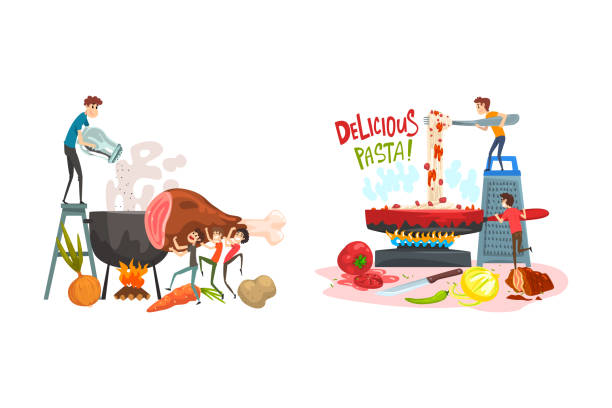 Small People Characters Cooking Giant Food Frying Chicken and Making Pasta in Frying Pan Vector Set Small People Characters Cooking Giant Food Frying Chicken and Making Pasta in Frying Pan Vector Set. Tiny Man Preparing Dish large pasta pot stock illustrations