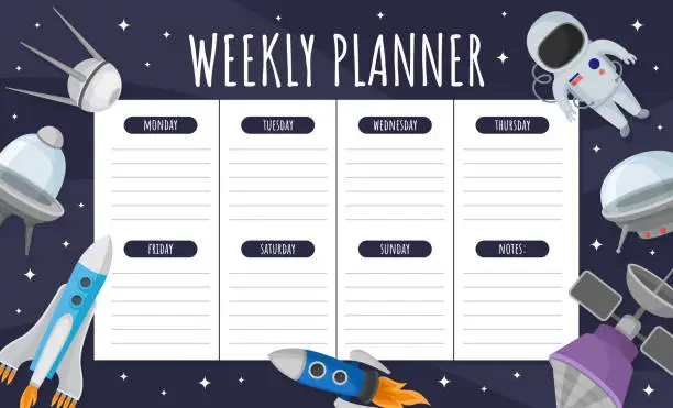 Vector illustration of Weekly Planner with Spaceship and Astronaut Vector Template