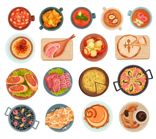 Vector illustration of Spanish Dish and Food Served for Restaurant Menu as National Cuisine Big Vector Set