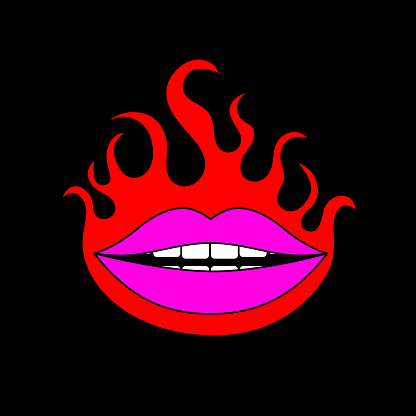 Vector illustration in simple linear style -  lips and flame groovy background - abstract poster design, t-shirt print