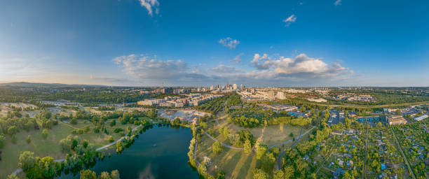 istock Wide angle drone panorama over the German city Frankfurt am Main during sunset 1502907163