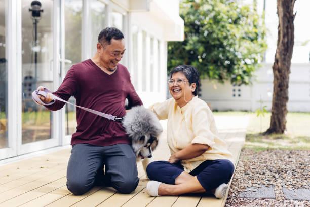 家の外で犬を撫でる幸せなアジアの老夫婦。外で家をしながら夏を楽しむ年金受給者のカップル。犬と老夫婦 - senior adult dog nursing home pets ストックフォトと画像