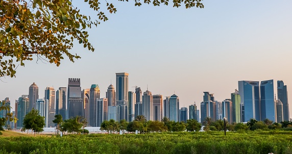 Dubai Marina with modern skyscrapers and the nature and park around,Dubai,United Arab Emirates