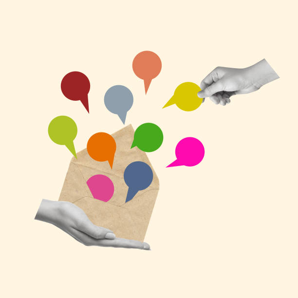 istock Contemporary art collage of human hand holding an envelope with dialogue bubbles. 1502908898