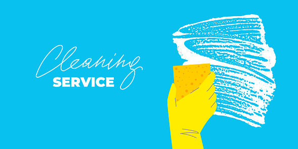 Cleaning service concept. Hand in gloves with sponge wipes glass. Washing sponge. Cleanup tools. Foam water. Liquid foam stain on glass. Soap bubbles. Washing the surface with foam sponge. Vector