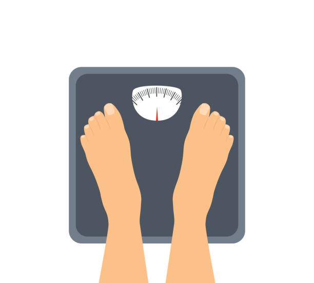 illustrazioni stock, clip art, cartoni animati e icone di tendenza di persona in piedi sulla bilancia del peso - emaciated weight scale dieting overweight