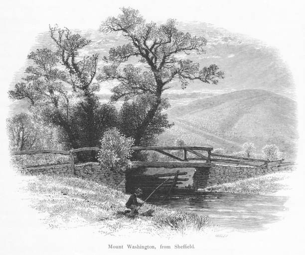 Housatonic River, view of Mount Washington at Sheffield, Massachusetts, United States, American Geography The Housatonic River at  Sheffield, Massachusetts with a view of Mount Washington. The river run through Massachusetts, USA. Pencil and pen, engraving published 1874. This edition edited by William Cullen Bryant is in my private collection. Copyright is in public domain. berkshires stock illustrations