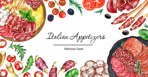 Italian appetizers banner. Antipasto. Template menu design Italian food and snack. Hand-drawn watercolor illustration. Suitable for menus, cookbook and restaurant
