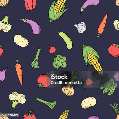 istock Seamless Pattern Collection of colored drawing vegetables in doodle style. A set of vector illustrations of the harvest corn potatoes carrots radishes beets garlic onions tomatoes, etc. 1502916119