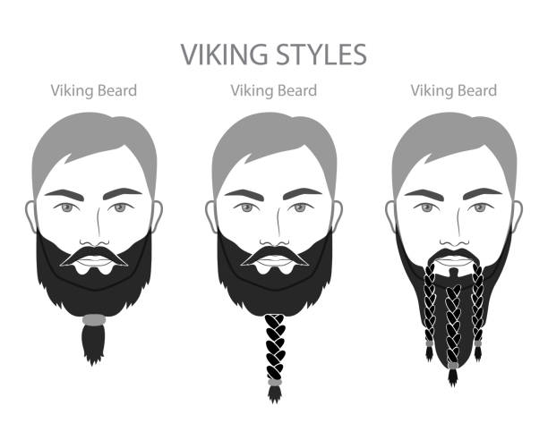 ilustrações, clipart, desenhos animados e ícones de conjunto de tranças viking beard e bigode com nome estilo texto homens rosto ilustração cabelo facial. retrato preto do vetor - men human hair beautiful chin