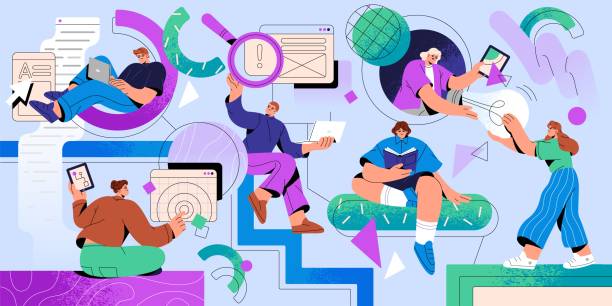 business coworking, workflow koncept. tým, lidé, kolegové ve firmě, organizace, kreativní komunita. firemní práce, partnerství a studium. týmová práce, vzdělávání plochá vektorová ilustrace - studující sociální role stock ilustrace