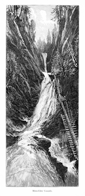 Moss-Glen Cascade in Mount Mansfield, Vermont, USA. North America. Pencil and pen engraving published 1874. This edition edited by William Cullen Bryant is in my private collection. Copyright is in public domain.