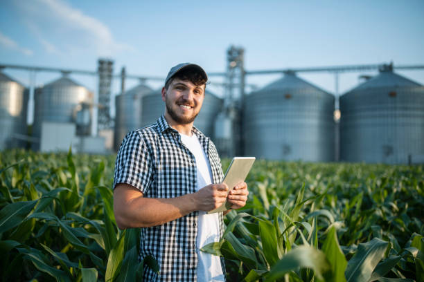 istock Portrait of smiling farmer working with technology in corn field. 1502921528