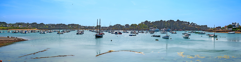 panoramic view of the harbour of the village of Ploumanach in Brittany, France