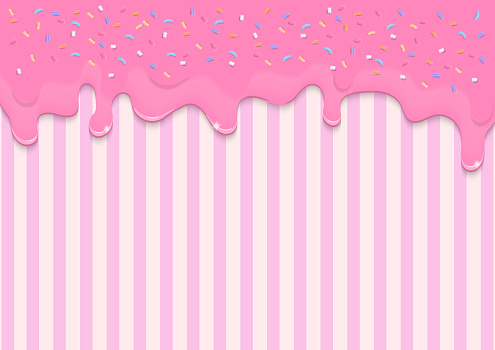 Bakery background. Pink dripping liquid or strawberry topping and colorful sprinkles on striped background with copy space.