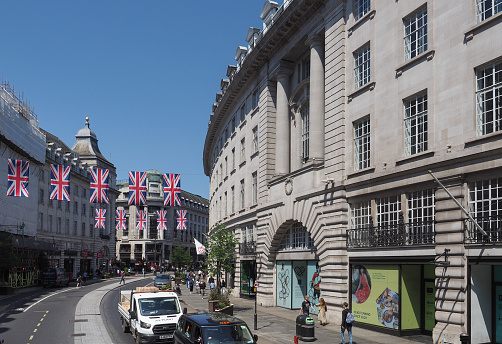 London, UK - June 07, 2023: Union Jack flags in Regent Street for the Coronation of King Charles III on 6th May 2023