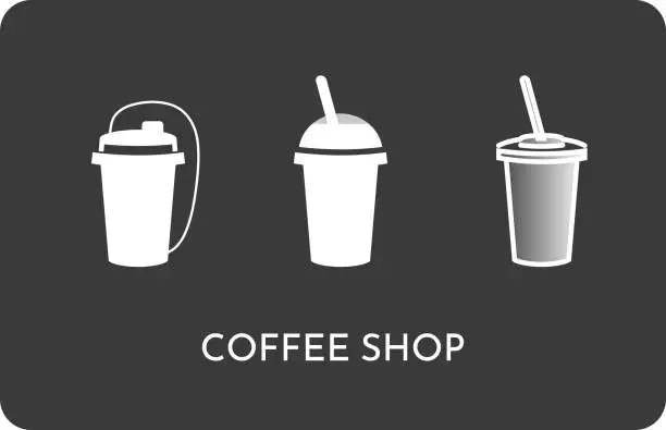 Vector illustration of Coffee shop, cafe, restaurant design in black and white. Three types of takeaway cups isolated on dark background. Outline and gradient. For business card, leaflet, decoration, packaging, logo, icon