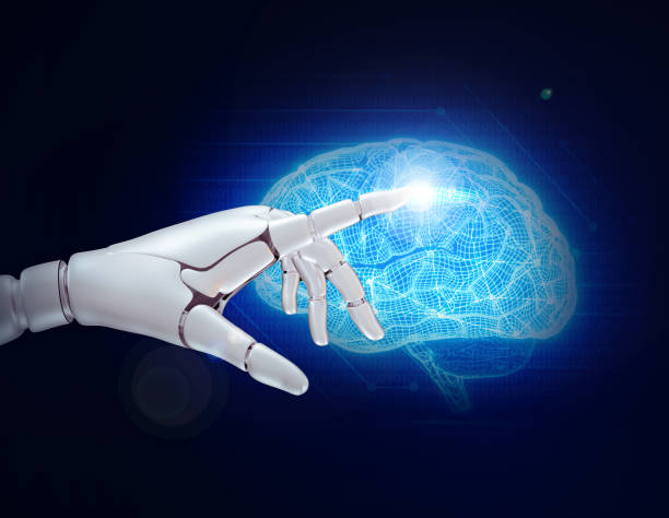istock 3d rendered Robot hand penetrating glowing blue brain and releasing light background. Future of artificial intelligence concept wallpaper 1502927115