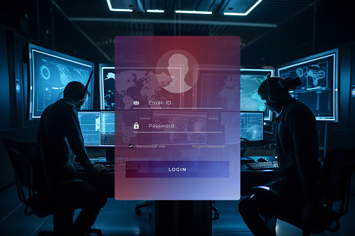 Illustration of a state sponsored threat actor launching an advanced persistent threat. Attack surface hacker cybersecurity. Login credential HUD..