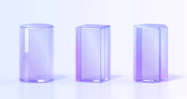 istock Glass rainbow pedestals or crystal podium 3d render icons set. Abstract geometric empty museum stages with hologram gradient texture, exhibit displays, stands for product presentation 1502928080