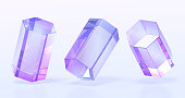 Glass hexagonal prism in different angle view 3d render icons set. Abstract figures geometric shapes with hologram gradient texture, crystal rainbow objects, isolated graphic elements