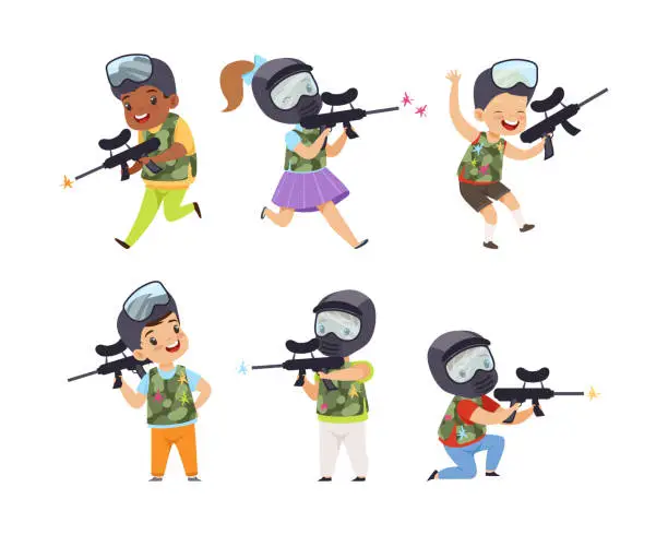 Vector illustration of Little Boy and Girl Paintball Players Wearing Masks and Vests Aiming with Gun Vector Set