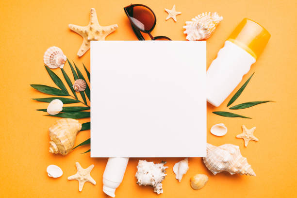 istock Summer time concept with blank greeting card and blank white paper on colored background. Seashells from ocean shore in the shape of frame separated with space for text top view 1502932929
