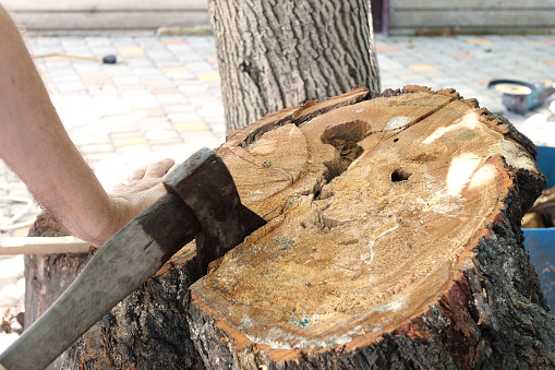 Cutting wood with a large sharp ax, Man Chops firewood, Chopping of wood on a wooden log in summer at the home.