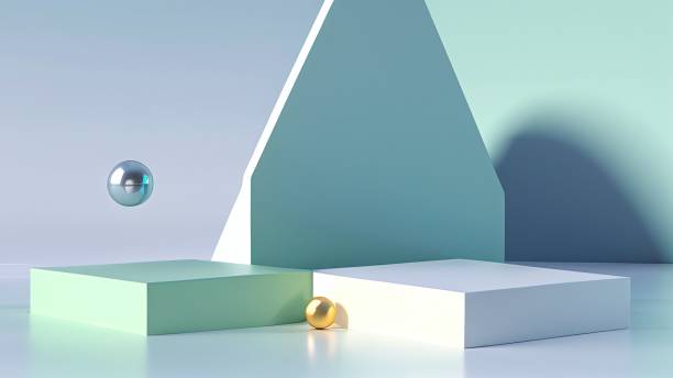 Curved shape, square shape, podium display, light and shadow, pastel blue-green theme, minimal style - 3d rendering.