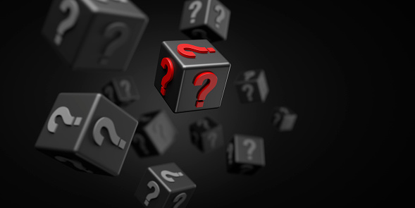 Black cubes with question marks floating on black background - 3D illustration